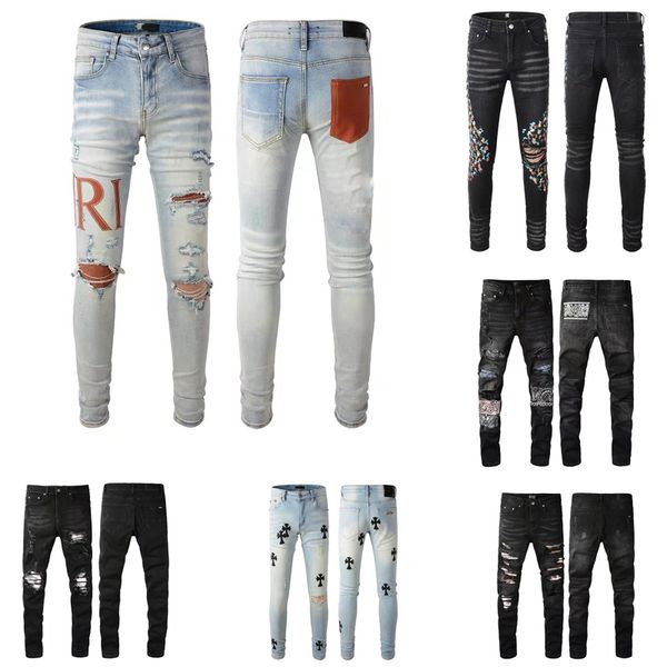 men badge rips stretch black jeans fashion men's distressed ripped skinny eans slim motorcycle moto biker causal mens zipper fly denim, Blue
men badge rips stretch black jeans fashion men's distressed ripped skinny eans slim motorcycle moto biker causal mens zipper fly denim, Blue