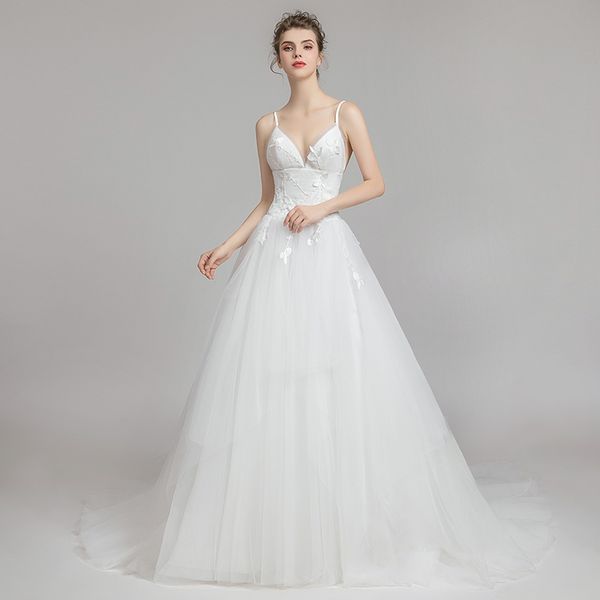 vintage spaghetti straps lace a line wedding dresses tulle applique sweep train garden wedding bridal gowns, White
vintage spaghetti straps lace a line wedding dresses tulle applique sweep train garden wedding bridal gowns, White