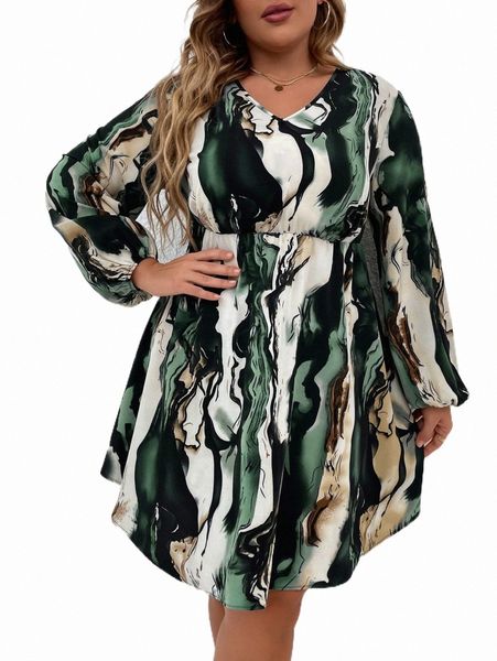 plus size dresses plus allover print lantern sleeve dress q8id#, Black