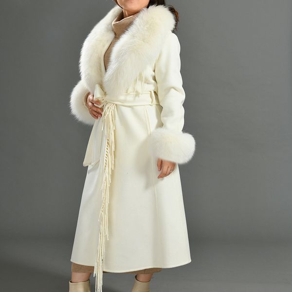 women's wool blends autumn winter wool coat women fashion classic cashmere woolen coat with tassel real fur collar elegant long trench, Black
women's wool blends autumn winter wool coat women fashion classic cashmere woolen coat with tassel real fur collar elegant long trench, Black