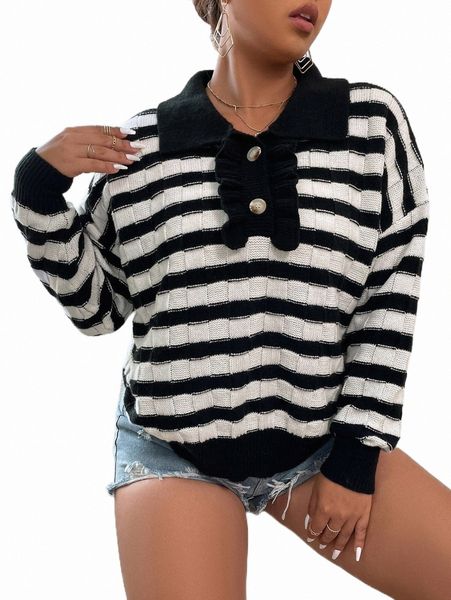 plus size t-shirt plus striped pattern polo neck ruffle trim drop shoulder sweater i80l#, Black
plus size t-shirt plus striped pattern polo neck ruffle trim drop shoulder sweater i80l#, Black