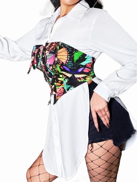 women's blouses & shirts sxy solid split side shirt with butterfly print lace up front corset x7ra#, White
women's blouses & shirts sxy solid split side shirt with butterfly print lace up front corset x7ra#, White