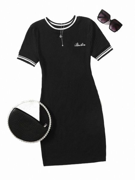 casual dresses letter embroidery rib-knit bodycon dress w5uh#, Black;gray 
casual dresses letter embroidery rib-knit bodycon dress w5uh#, Black;gray
