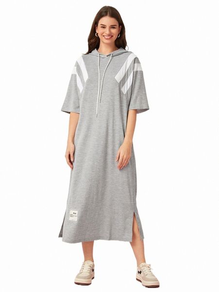 casual dresses letter patched split hem drawstring hooded dress 635p#, Black;gray 
casual dresses letter patched split hem drawstring hooded dress 635p#, Black;gray