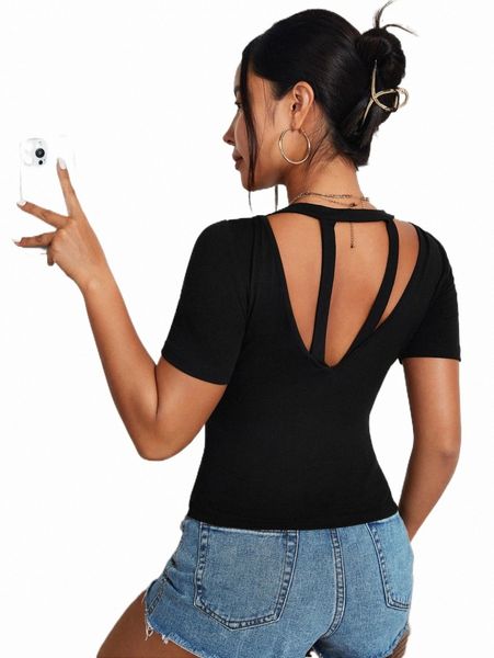 women's t-shirt solid cut out back tee 2022 new w72i#, White
women's t-shirt solid cut out back tee 2022 new w72i#, White