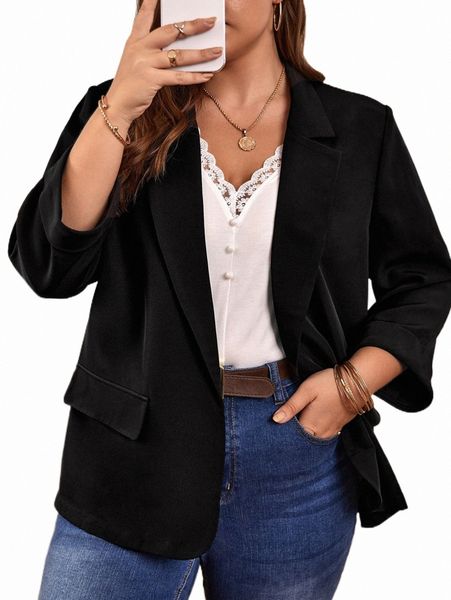 plus size outerwear & coats plus lapel neck open front blazer x2so#, Black