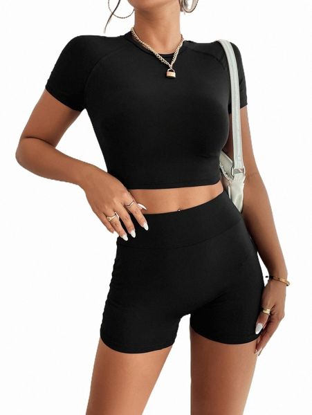 two piece dress petite raglan sleeve crop tee & biker shorts 18fq#, White