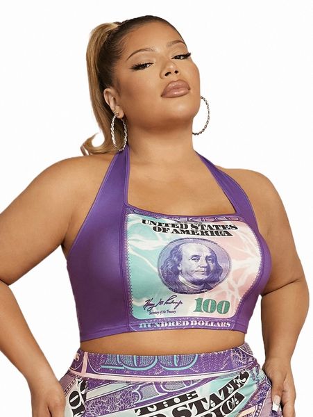 plus size t-shirt sxy plus dollar print crop halter e7xb#, Black