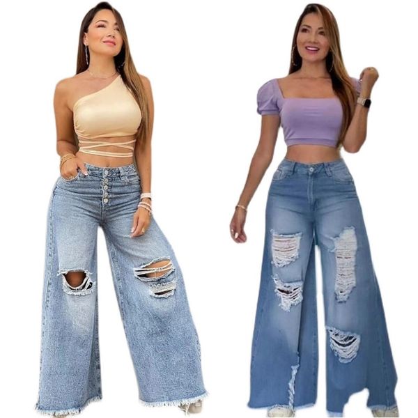 women's jeans spring and autumn women's large hole ripped jeans tassel european fashion high waist loose straight denim pants wide, Blue
women's jeans spring and autumn women's large hole ripped jeans tassel european fashion high waist loose straight denim pants wide, Blue