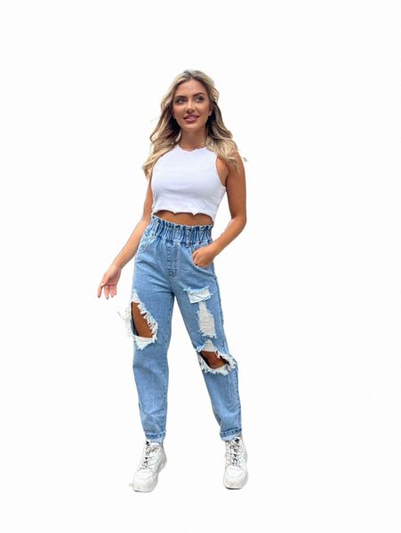 women's jeans paperbag waist cut out ripped frayed straight leg jeans n26t#, Blue
women's jeans paperbag waist cut out ripped frayed straight leg jeans n26t#, Blue