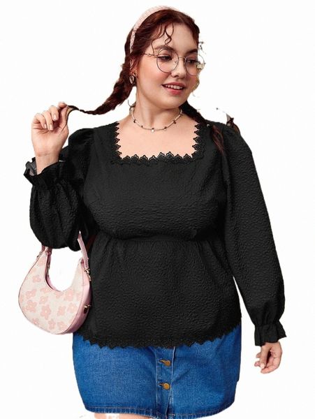 plus size t-shirt plus solid square neck lace trim blouse e6se#, Black
