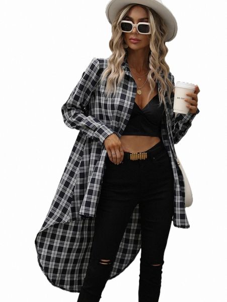 women's blouses & shirts plaid print high low hem shirt s0fi#, White