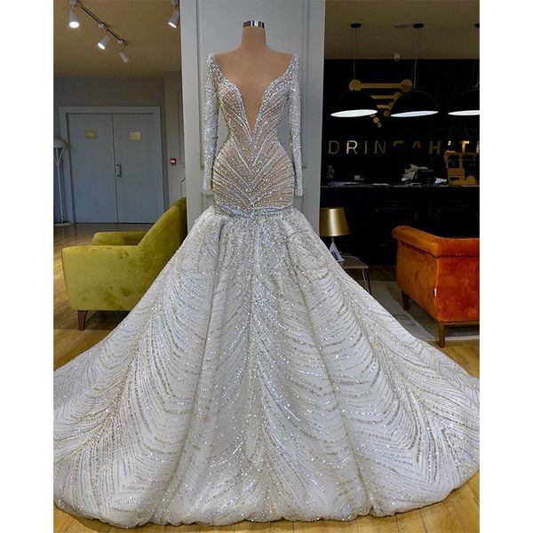 luxury mermaid wedding dresses long sleeves deep v neck sequins appliques bridal gowns 3d lace train ruffles bridal gowns sweep train vestid, White
luxury mermaid wedding dresses long sleeves deep v neck sequins appliques bridal gowns 3d lace train ruffles bridal gowns sweep train vestid, White
