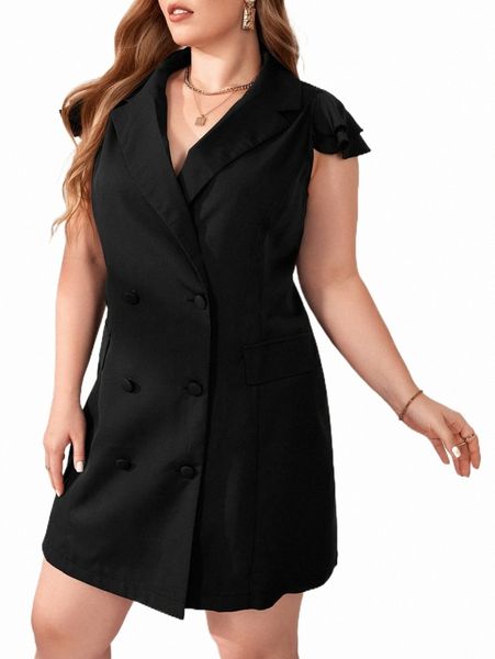plus size outerwear & coats plus double breasted ruffle trim blazer dress k2if#, Black