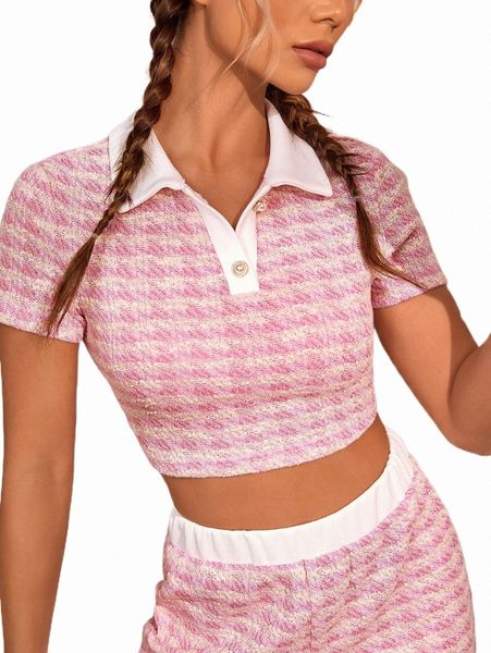 women's t-shirt plaid contrast collar crop tee s5x4#, White