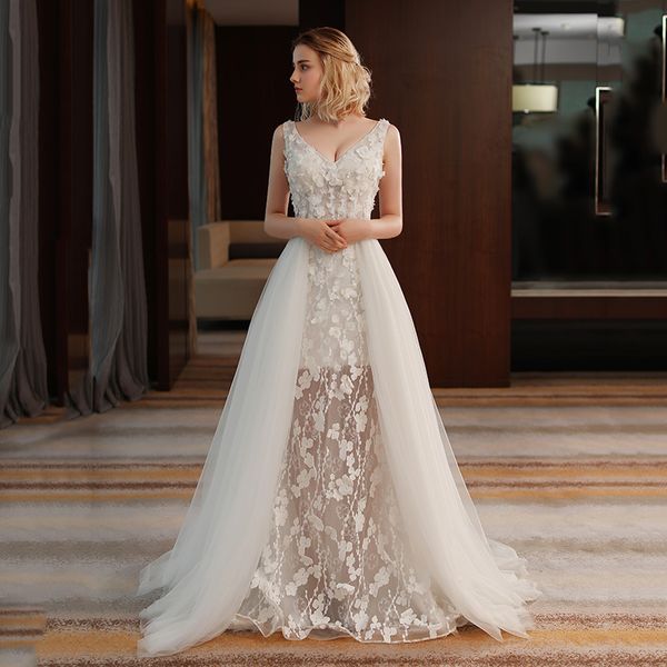 full lace overskirts a line wedding dresses v-neck wedding gown illusion bodice custom made elegant vestidos de novia, White
full lace overskirts a line wedding dresses v-neck wedding gown illusion bodice custom made elegant vestidos de novia, White