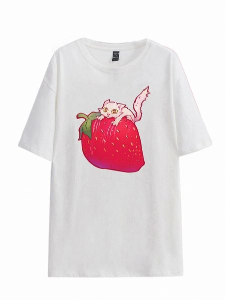 women's t-shirt x ishali art cat and strawberry print drop shoulder tee a2c6#, White
women's t-shirt x ishali art cat and strawberry print drop shoulder tee a2c6#, White