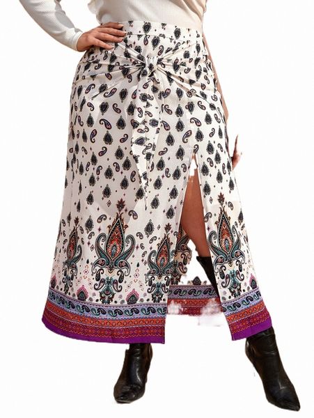 plus size pants plus paisley print tie front split hem skirt c3lm#, Black