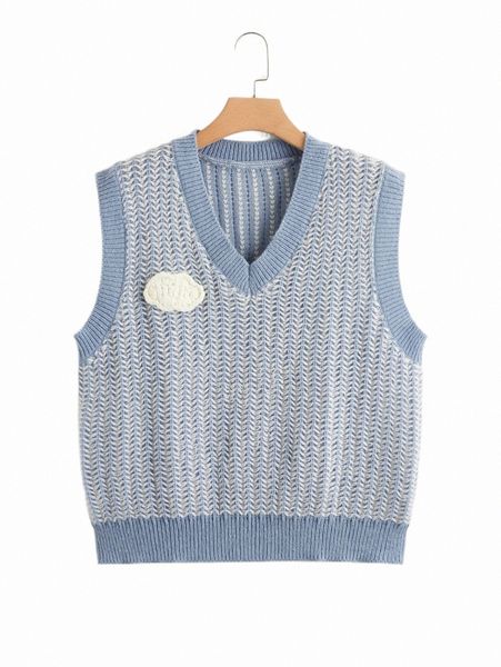 plus size t-shirt plus cloud patched contrast trim sweater vest l9ab#, Black