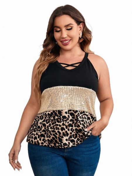 plus size t-shirt plus leopard panel contrast sequin crisscross front halter z7hs#, Black
plus size t-shirt plus leopard panel contrast sequin crisscross front halter z7hs#, Black