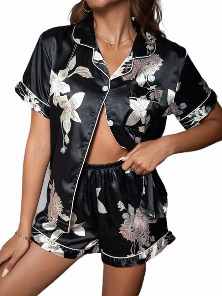 women's sleepwear floral print contrast piping pj set 99lh#, Black;red