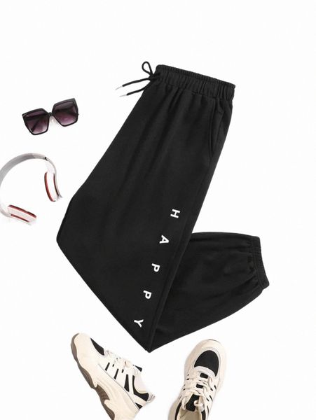 plus size pants plus letter graphic drawstring waist sweatpants k0tg#, Black