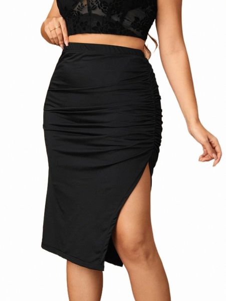 plus size pants plus high waist ruched split hem skirt u3dt#, Black