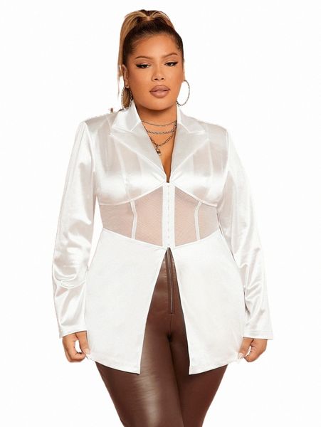 plus size outerwear & coats sxy plus mesh insert satin blazer x0xr#, Black