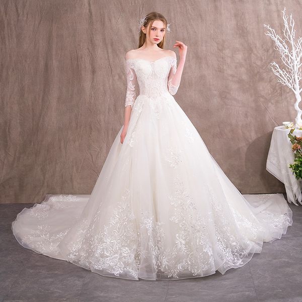 elegant off shoulder a line wedding dresses lace appliques 3/4 long sleeves lace up wedding gowns vestidos de novia, White
elegant off shoulder a line wedding dresses lace appliques 3/4 long sleeves lace up wedding gowns vestidos de novia, White