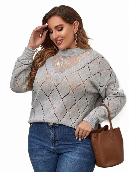 plus size t-shirt plus contrast lace mock neck drop shoulder pointelle knit sweater i8a9#, Black
plus size t-shirt plus contrast lace mock neck drop shoulder pointelle knit sweater i8a9#, Black