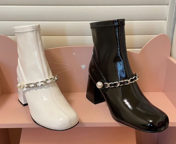 metal chain design pearl boots ladies high-heeled round toe thick heel fashion party short boots, Black
metal chain design pearl boots ladies high-heeled round toe thick heel fashion party short boots, Black