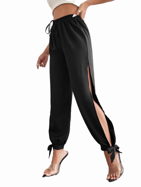 women's pants & capris petite split side knot hem pants o2aa#, Black;white