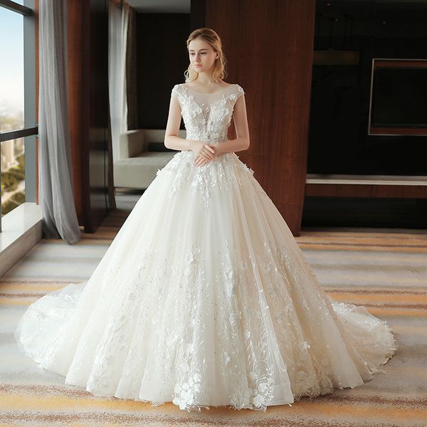 scoop neck a line wedding dresses illusion 3d lace appliqued beading cap sleeves sweep train bridal gowns vestidos de marriage, White
scoop neck a line wedding dresses illusion 3d lace appliqued beading cap sleeves sweep train bridal gowns vestidos de marriage, White