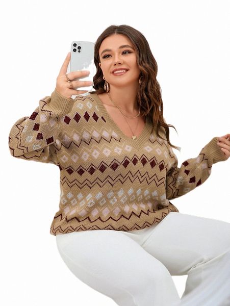 plus size t-shirt plus geo pattern drop shoulder sweater l1kj#, Black