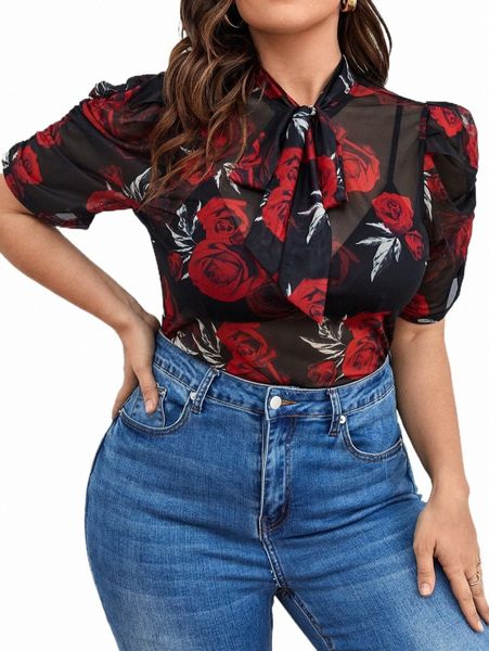 plus size t-shirt x gabi martins plus floral print tie neck puff sleeve p8a5#, Black
plus size t-shirt x gabi martins plus floral print tie neck puff sleeve p8a5#, Black