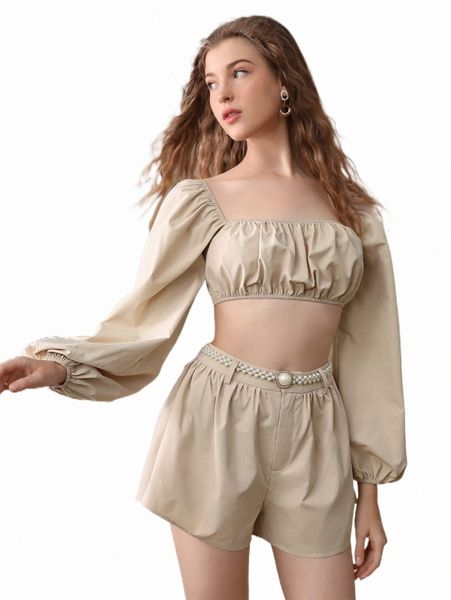 two piece dress mod ruched bust lantern sleeve crop & shorts set without belt z65i#, White
two piece dress mod ruched bust lantern sleeve crop & shorts set without belt z65i#, White