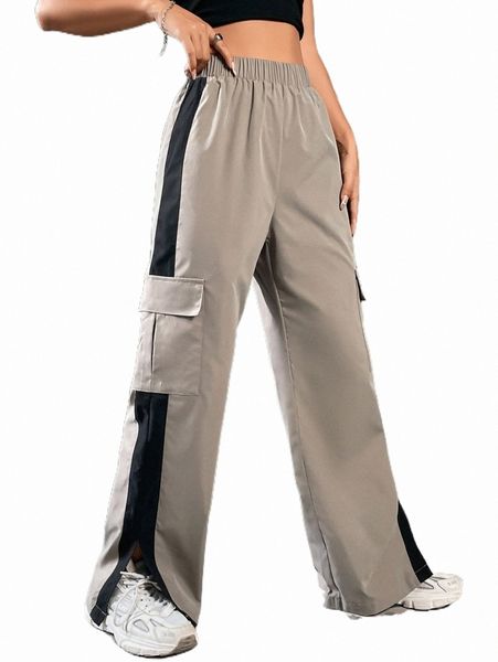 women's pants & capris flap pocket side contrast seam pants 49b9#, Black;white