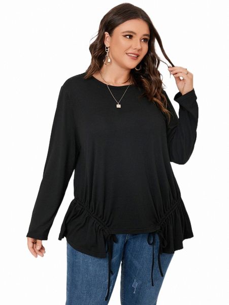 plus size t-shirt plus drawstring asymmetrical hem tee n5ak#, Black
