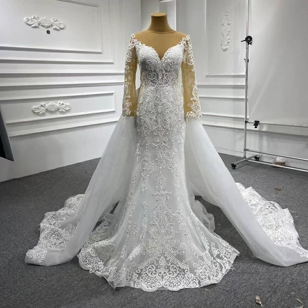 mermaid lace wedding dresses long sleeves bridal gowns with detachable train sheer bateau neck plus size appliqued vestidos de novia, White
mermaid lace wedding dresses long sleeves bridal gowns with detachable train sheer bateau neck plus size appliqued vestidos de novia, White