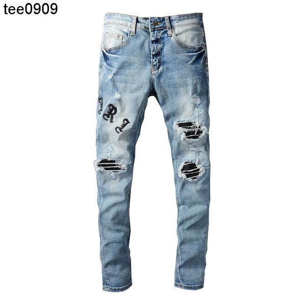 jeans pierced jeans men's personality leather embroidery patch slim fitting small leg jeans, Blue
jeans pierced jeans men's personality leather embroidery patch slim fitting small leg jeans, Blue