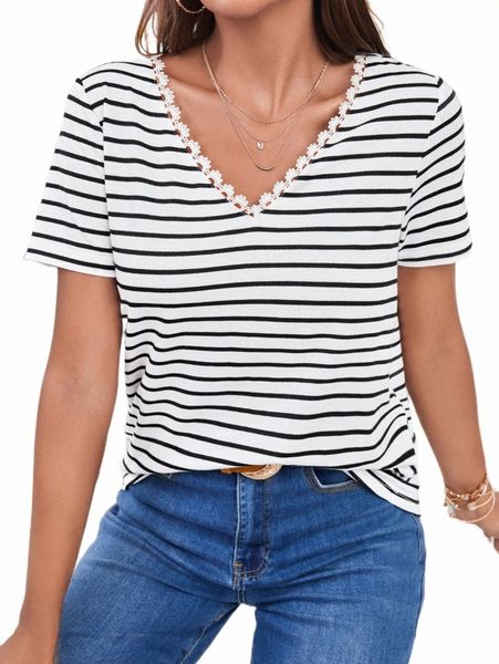women's t-shirt striped contrast lace tee 2022 new h24q#, White
women's t-shirt striped contrast lace tee 2022 new h24q#, White