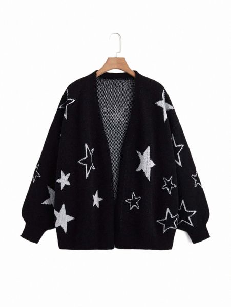 plus size t-shirt plus star pattern lantern sleeve cardigan n2ac#, Black 
plus size t-shirt plus star pattern lantern sleeve cardigan n2ac#, Black