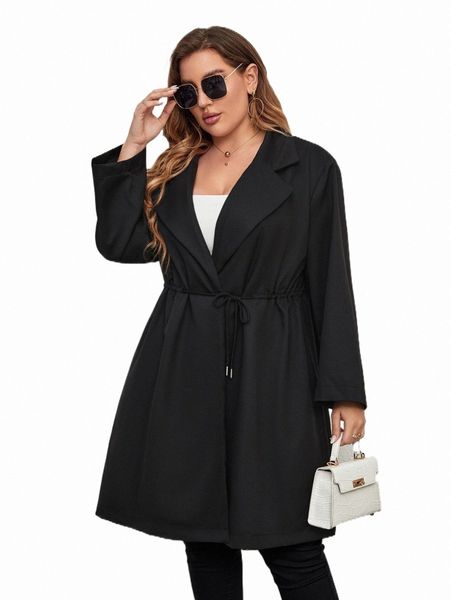plus size outerwear & coats plus lapel neck drawstring waist coat 63yu#, Black 
plus size outerwear & coats plus lapel neck drawstring waist coat 63yu#, Black