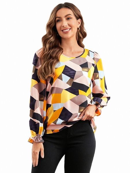 women's blouses & shirts emery rose geo print lantern sleeve blouse a6ck#, White
