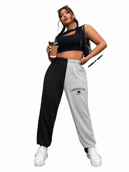 plus size pants plus letter graphic two tone sweatpants i2ku#, Black 
plus size pants plus letter graphic two tone sweatpants i2ku#, Black