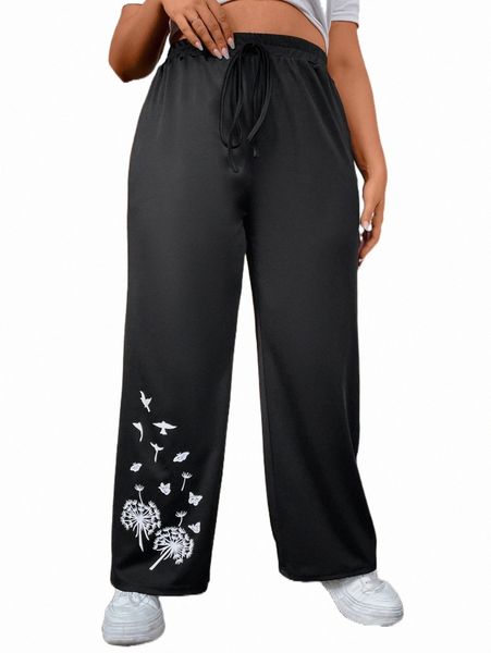 plus size pants plus butterfly and dandelion print drawstring waist wide leg pants j59q#, Black 
plus size pants plus butterfly and dandelion print drawstring waist wide leg pants j59q#, Black