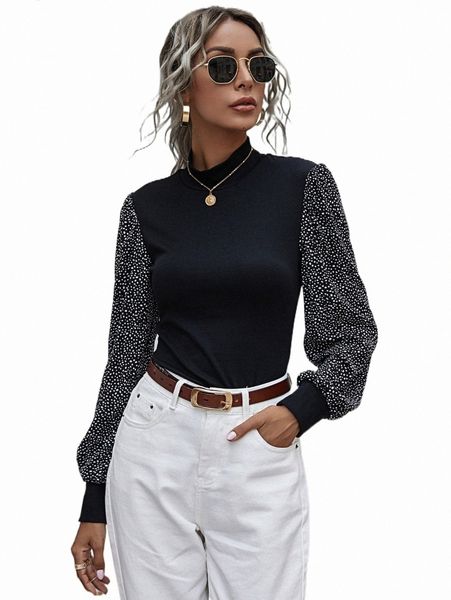 women's t-shirt dalmatian print bishop sleeve mock neck v9mw#, White