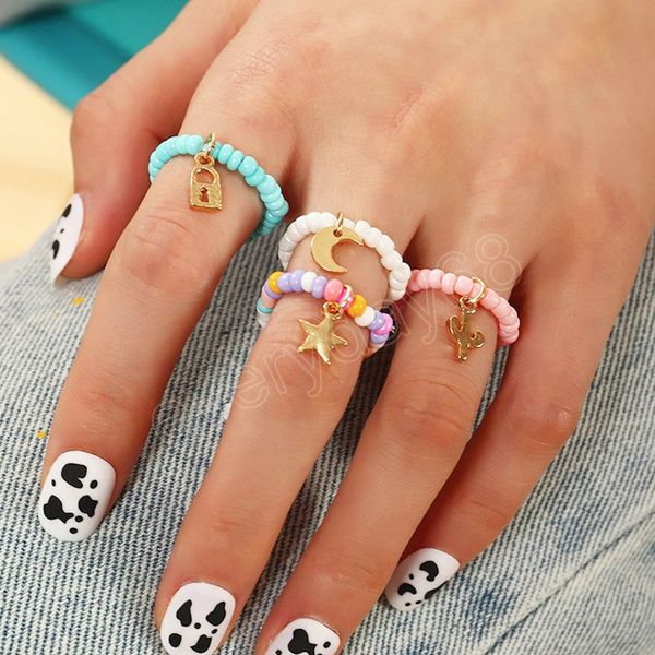 4pcs/set korean colorful bohemia star moon ring handmade multi beaded rice beads finger ring for women beach jewelry gifts, Silver
4pcs/set korean colorful bohemia star moon ring handmade multi beaded rice beads finger ring for women beach jewelry gifts, Silver