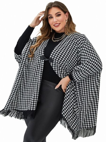 plus size outerwear & coats plus houndstooth print fringe trim cape coat 37ev#, Black
plus size outerwear & coats plus houndstooth print fringe trim cape coat 37ev#, Black