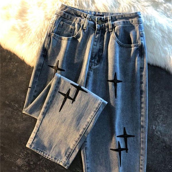men's jeans punk denim pants american high street personality embroidered patch men women straight loose casual lover streetwear, Blue
men's jeans punk denim pants american high street personality embroidered patch men women straight loose casual lover streetwear, Blue